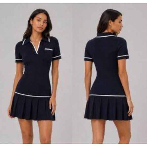 Caroline Constas Dresses & Skirts - Caroline Constas Navy Blue Knit Polo Mini Dress White Trim Pleated Skirt Size M